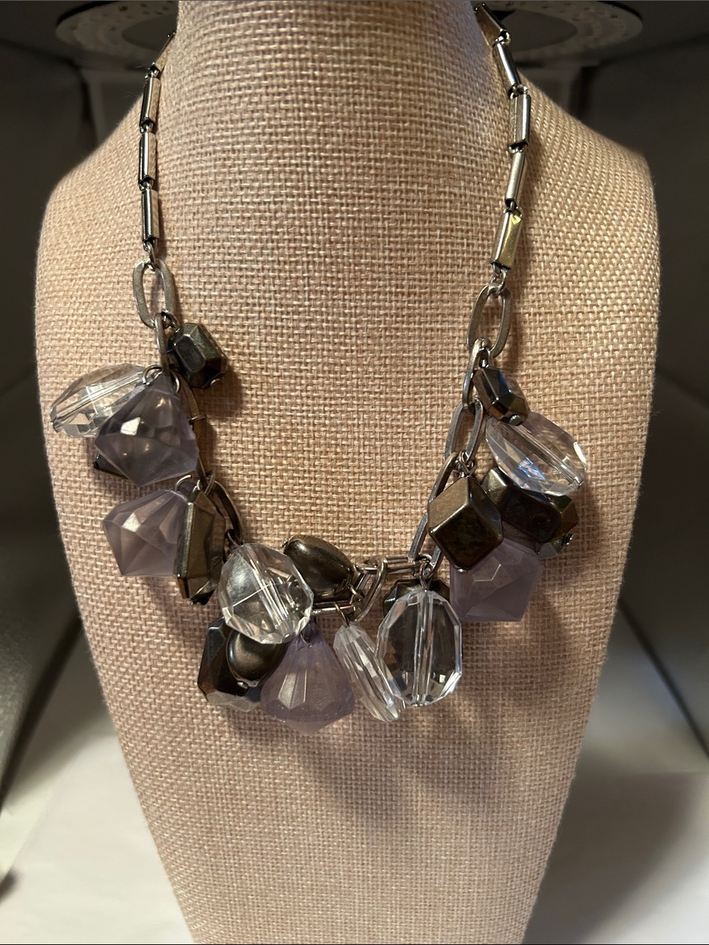 Nine West cluster silver tone necklace muted lavender acrylic metal beads